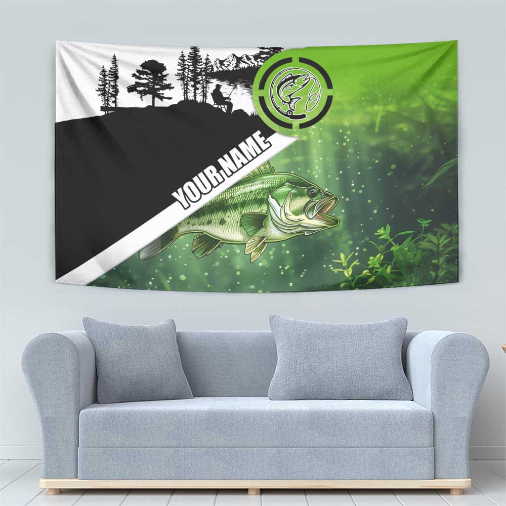 Green and Black Largemouth Bass Fishing Tapestry Custom Name Design and Angler Silhouette Illustration - Wonder Print Shop