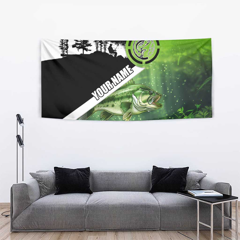 Green and Black Largemouth Bass Fishing Tapestry Custom Name Design and Angler Silhouette Illustration - Wonder Print Shop