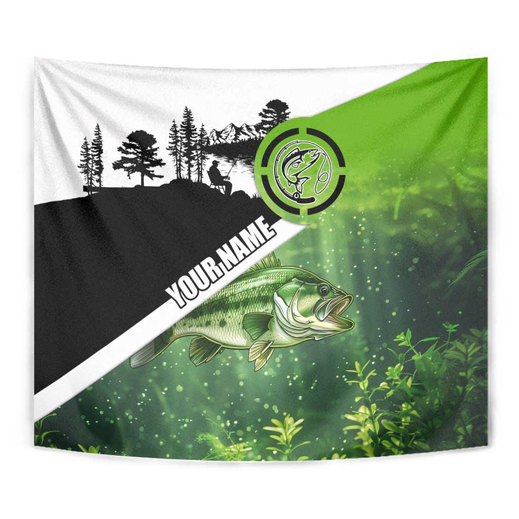 Green and Black Largemouth Bass Fishing Tapestry Custom Name Design and Angler Silhouette Illustration - Wonder Print Shop