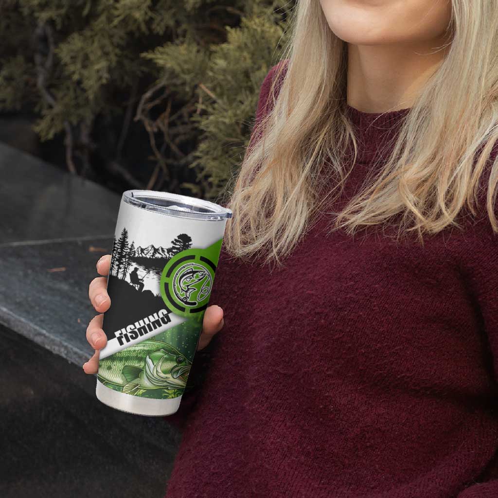 Green and Black Largemouth Bass Fishing Tumbler Cup Custom Name Design and Angler Silhouette Illustration - Wonder Print Shop