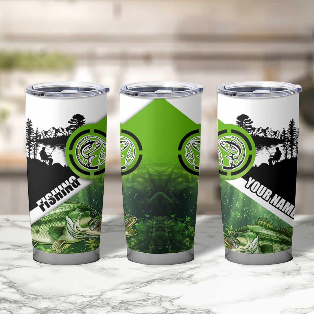 Green and Black Largemouth Bass Fishing Tumbler Cup Custom Name Design and Angler Silhouette Illustration - Wonder Print Shop