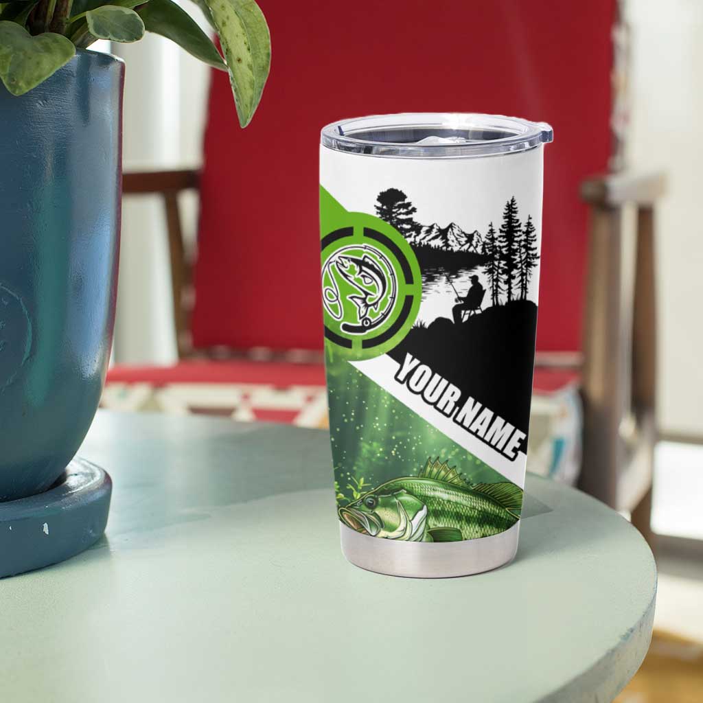 Green and Black Largemouth Bass Fishing Tumbler Cup Custom Name Design and Angler Silhouette Illustration - Wonder Print Shop