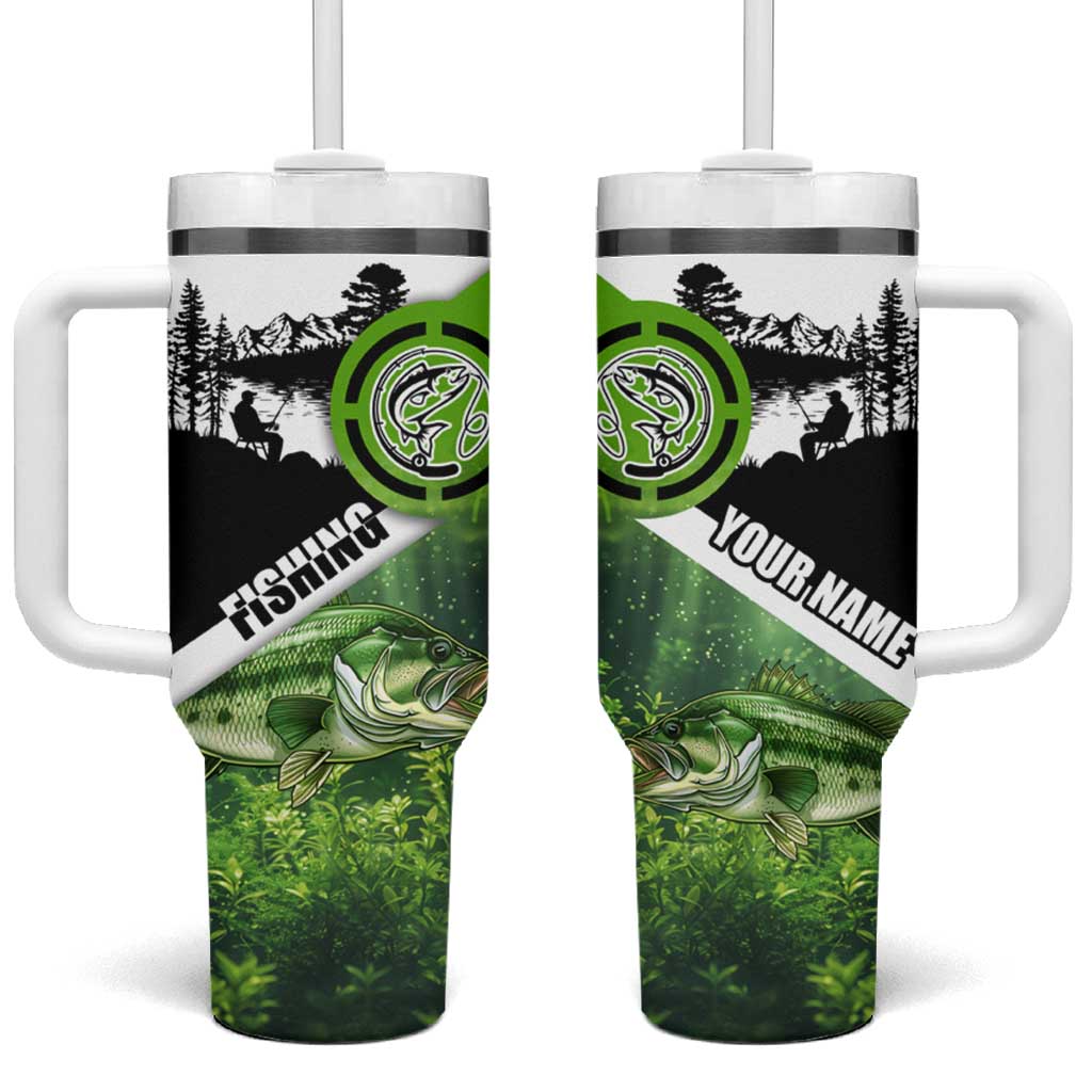 Green and Black Largemouth Bass Fishing Tumbler With Handle Custom Name Design and Angler Silhouette Illustration - Wonder Print Shop
