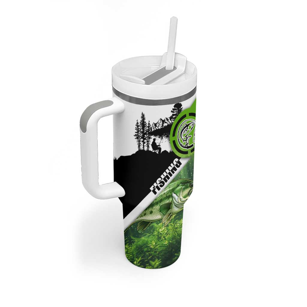Green and Black Largemouth Bass Fishing Tumbler With Handle Custom Name Design and Angler Silhouette Illustration - Wonder Print Shop