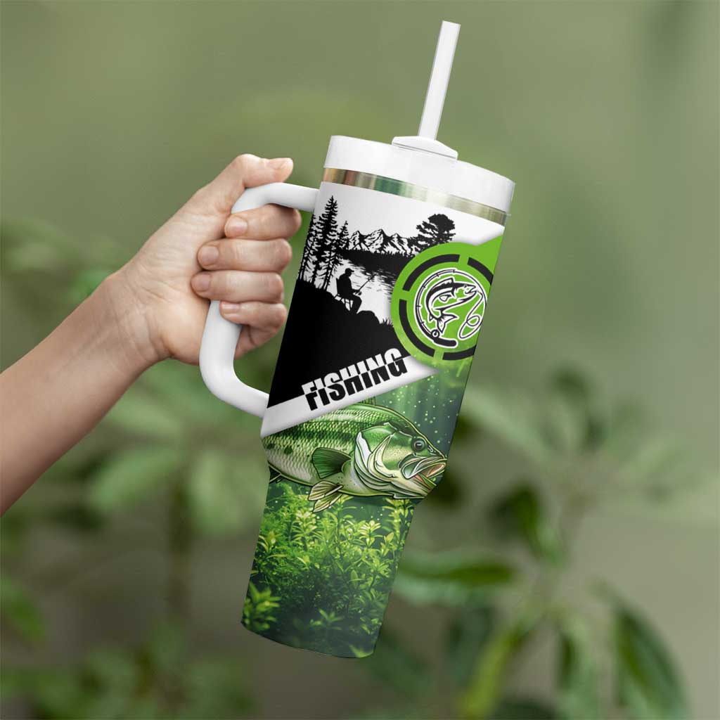 Green and Black Largemouth Bass Fishing Tumbler With Handle Custom Name Design and Angler Silhouette Illustration - Wonder Print Shop