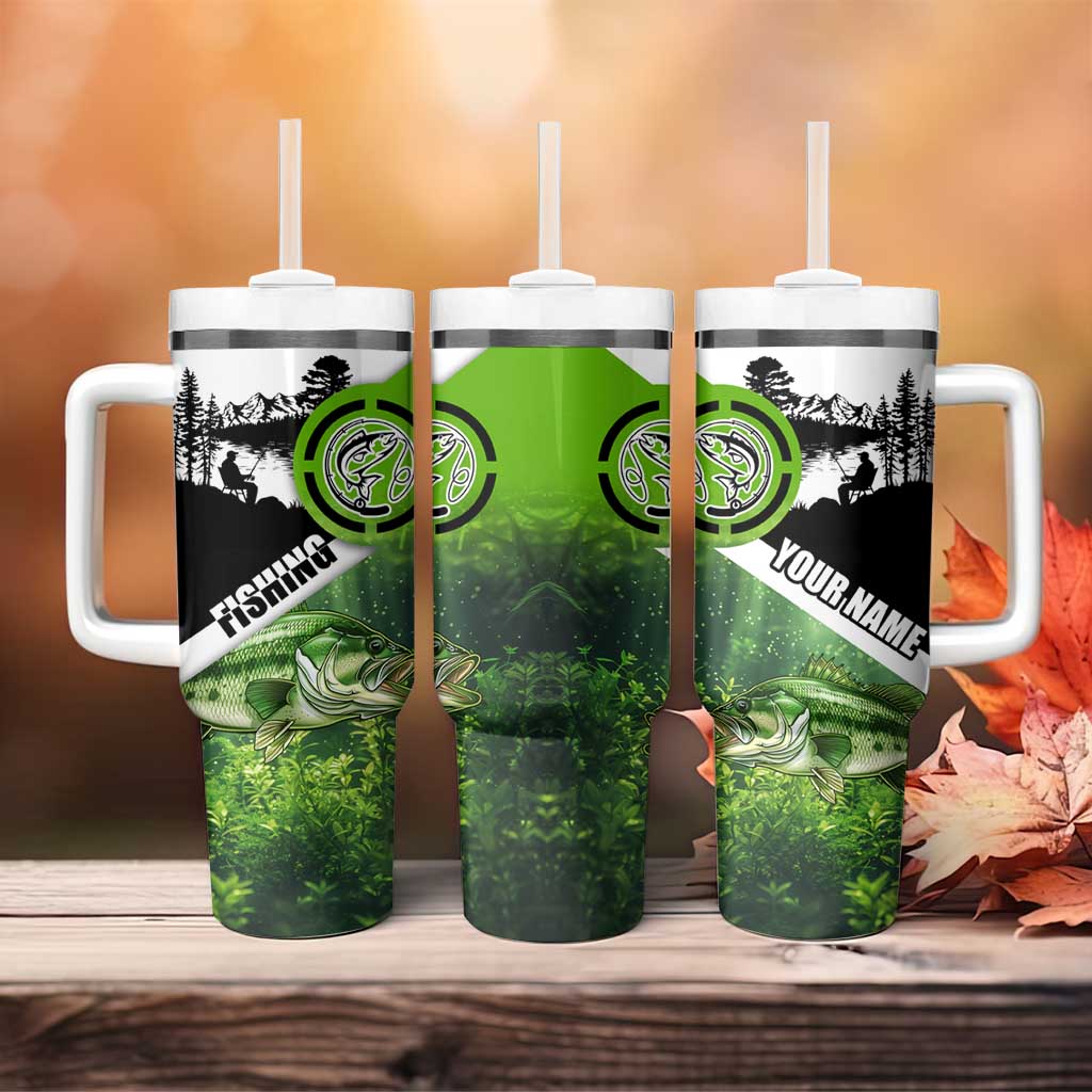 Green and Black Largemouth Bass Fishing Tumbler With Handle Custom Name Design and Angler Silhouette Illustration - Wonder Print Shop