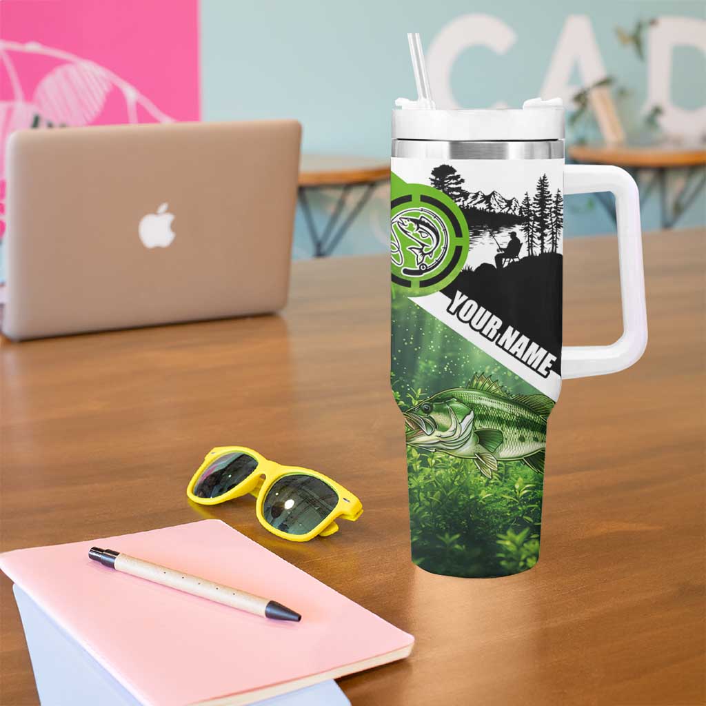 Green and Black Largemouth Bass Fishing Tumbler With Handle Custom Name Design and Angler Silhouette Illustration - Wonder Print Shop