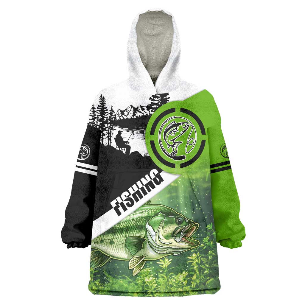 Green and Black Largemouth Bass Fishing Wearable Blanket Hoodie Custom Name Design and Angler Silhouette Illustration - Wonder Print Shop