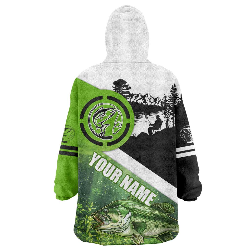 Green and Black Largemouth Bass Fishing Wearable Blanket Hoodie Custom Name Design and Angler Silhouette Illustration - Wonder Print Shop