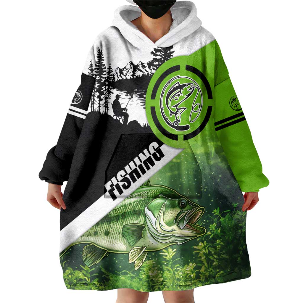 Green and Black Largemouth Bass Fishing Wearable Blanket Hoodie Custom Name Design and Angler Silhouette Illustration - Wonder Print Shop