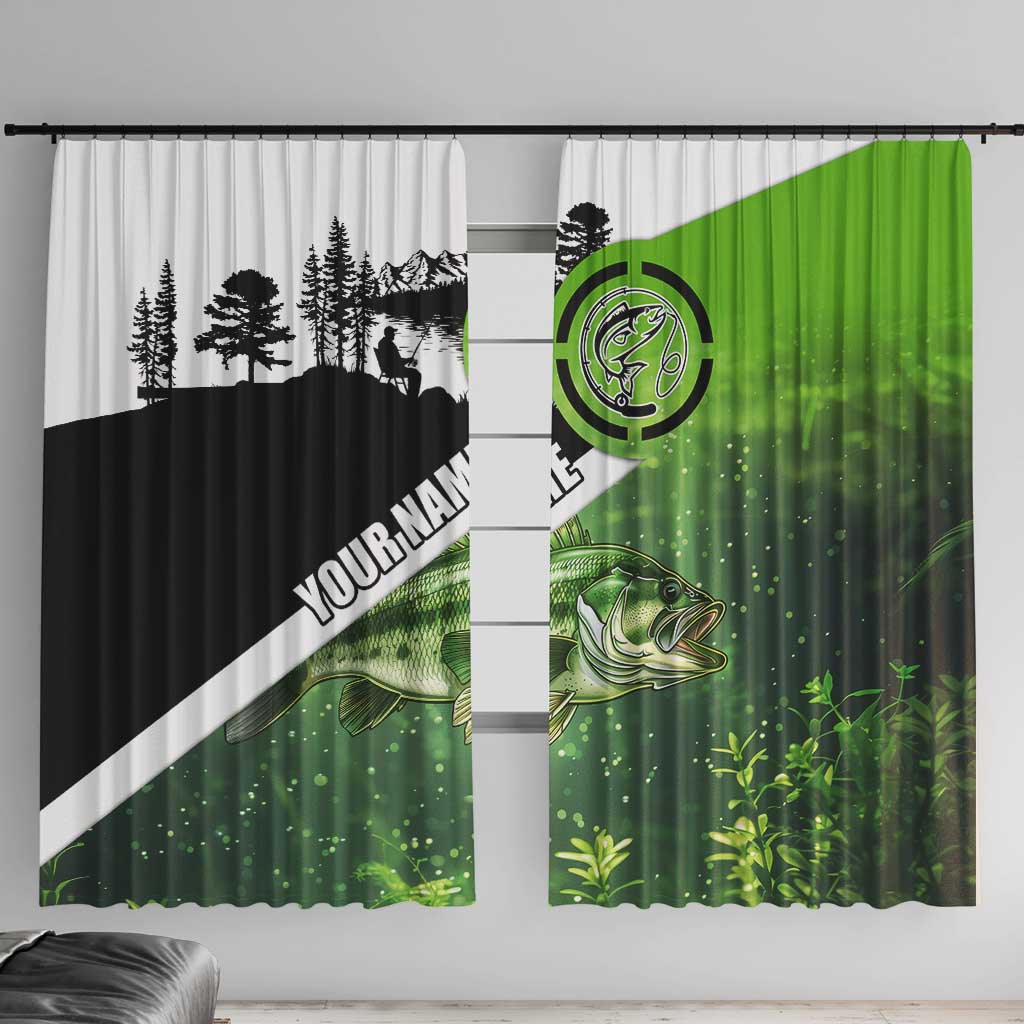 Green and Black Largemouth Bass Fishing Window Curtain Custom Name Design and Angler Silhouette Illustration - Wonder Print Shop