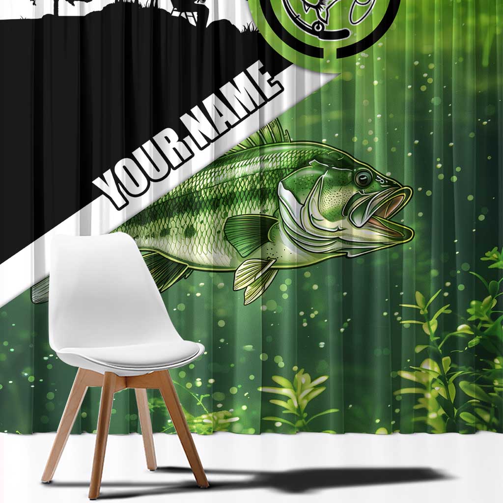 Green and Black Largemouth Bass Fishing Window Curtain Custom Name Design and Angler Silhouette Illustration - Wonder Print Shop