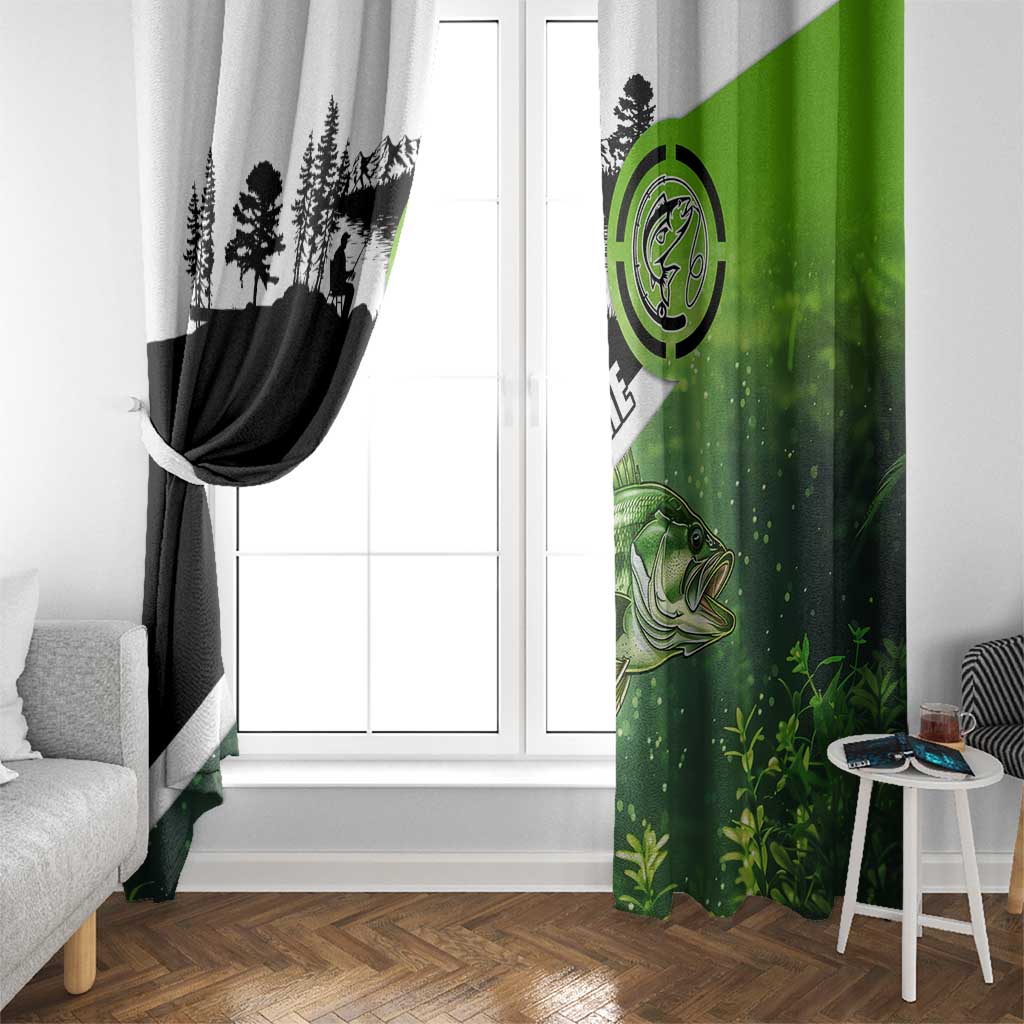 Green and Black Largemouth Bass Fishing Window Curtain Custom Name Design and Angler Silhouette Illustration - Wonder Print Shop