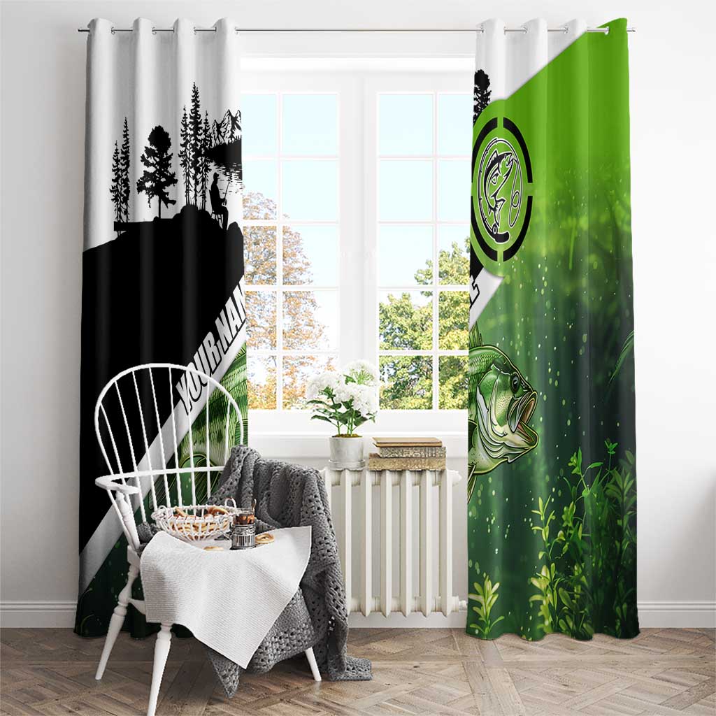 Green and Black Largemouth Bass Fishing Window Curtain Custom Name Design and Angler Silhouette Illustration - Wonder Print Shop