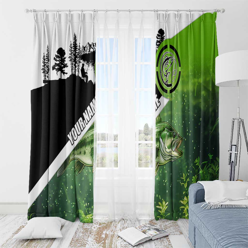 Green and Black Largemouth Bass Fishing Window Curtain Custom Name Design and Angler Silhouette Illustration - Wonder Print Shop