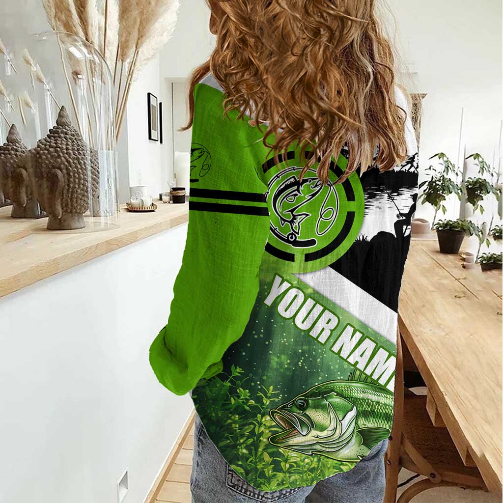 Green and Black Largemouth Bass Fishing Women Casual Shirt Custom Name Design and Angler Silhouette Illustration - Wonder Print Shop