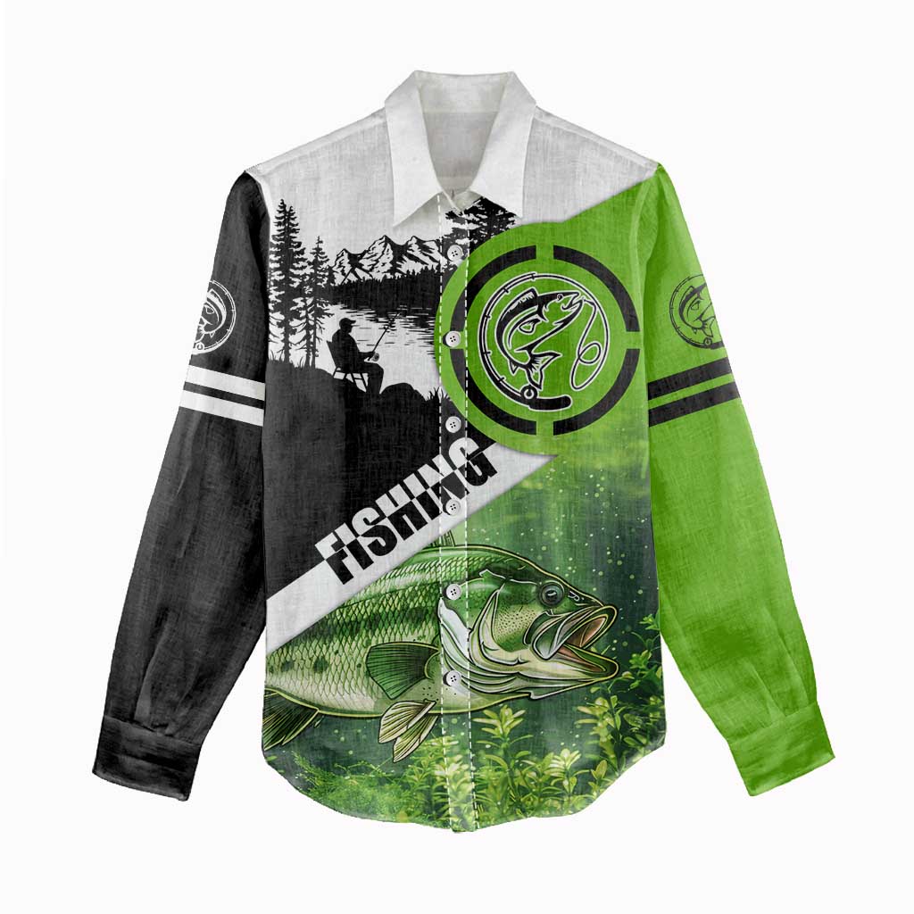 Green and Black Largemouth Bass Fishing Women Casual Shirt Custom Name Design and Angler Silhouette Illustration - Wonder Print Shop