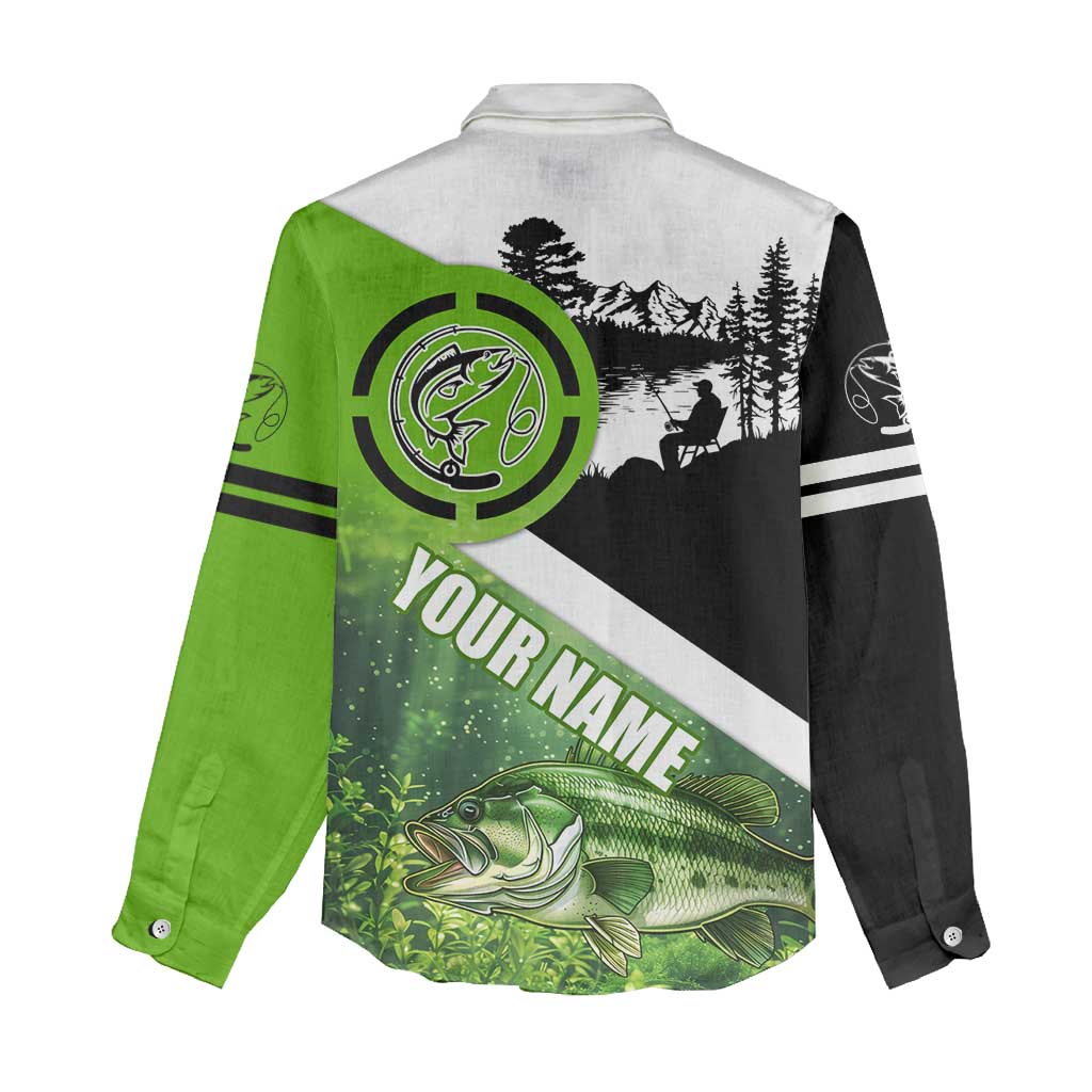 Green and Black Largemouth Bass Fishing Women Casual Shirt Custom Name Design and Angler Silhouette Illustration - Wonder Print Shop
