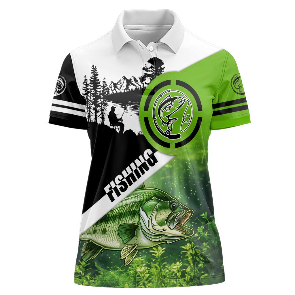 Green and Black Largemouth Bass Fishing Women Polo Shirt Custom Name Design and Angler Silhouette Illustration - Wonder Print Shop
