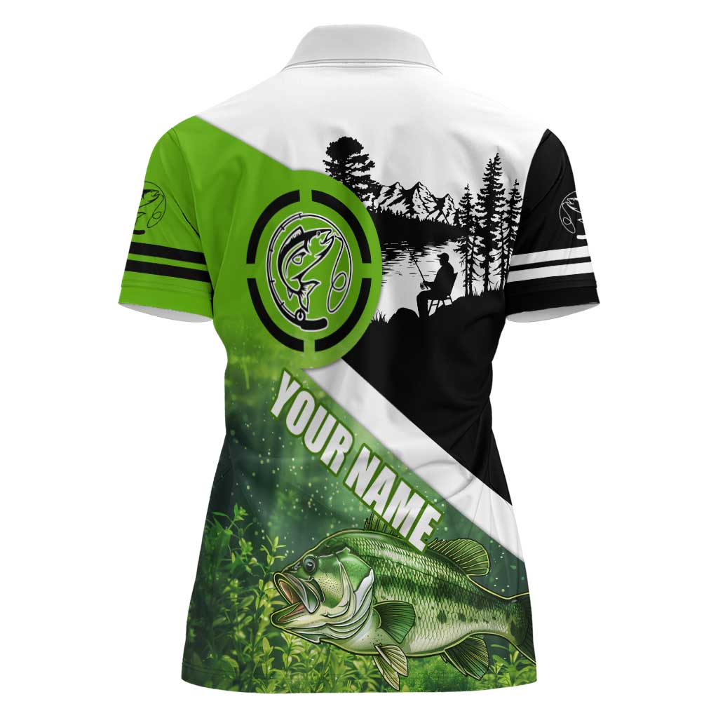 Green and Black Largemouth Bass Fishing Women Polo Shirt Custom Name Design and Angler Silhouette Illustration - Wonder Print Shop