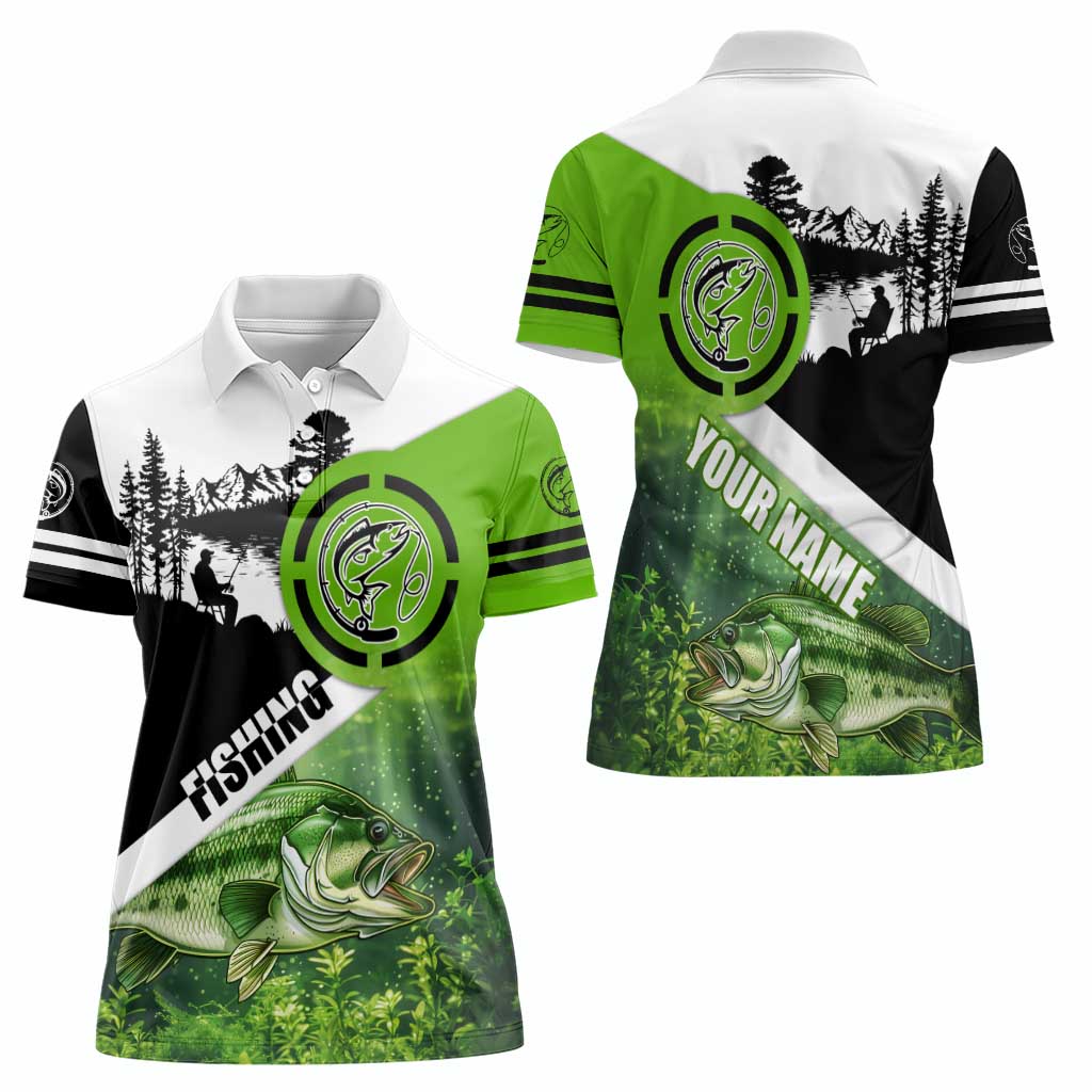 Green and Black Largemouth Bass Fishing Women Polo Shirt Custom Name Design and Angler Silhouette Illustration - Wonder Print Shop