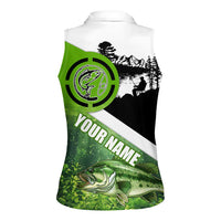 Green and Black Largemouth Bass Fishing Women Sleeveless Polo Shirt Custom Name Design and Angler Silhouette Illustration - Wonder Print Shop