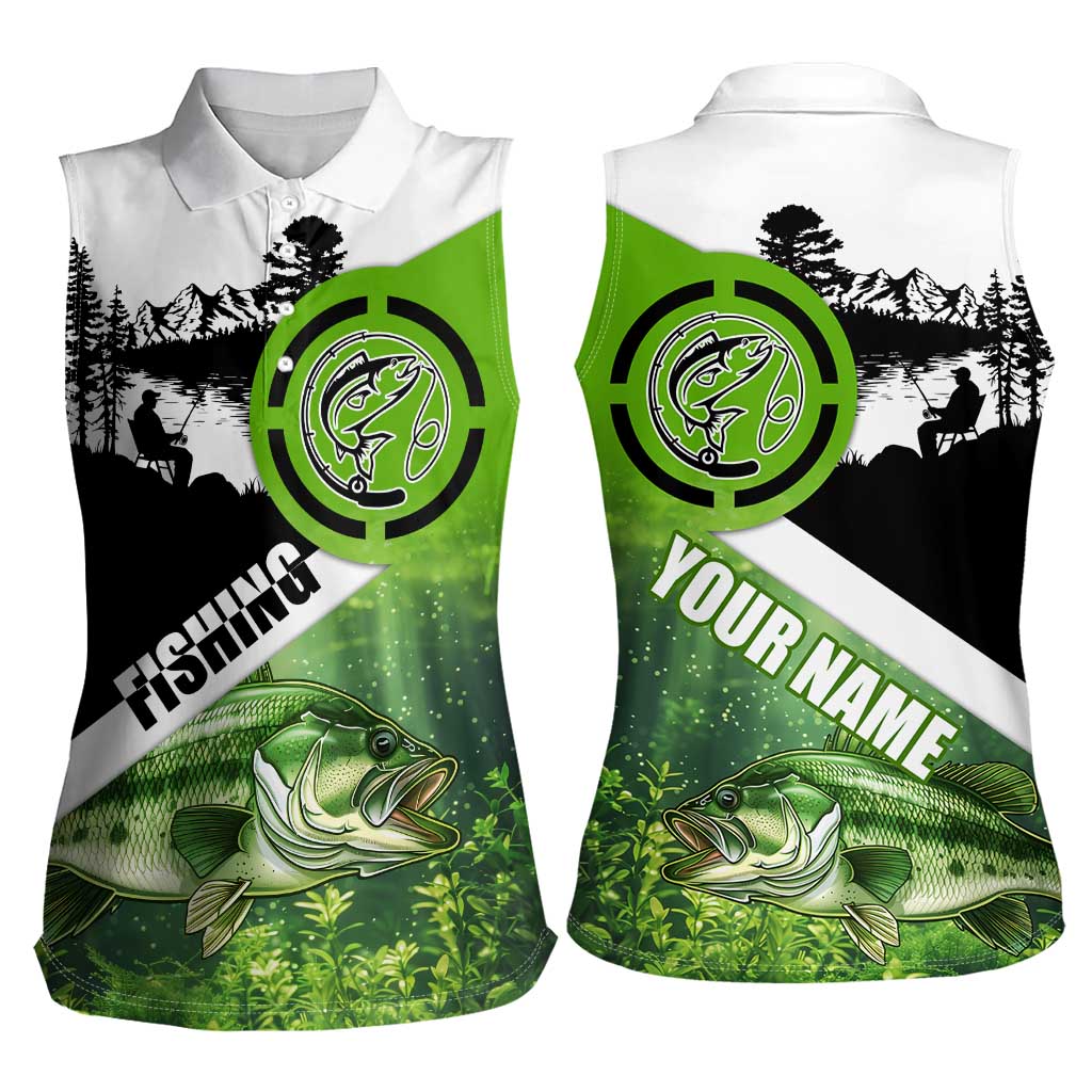 Green and Black Largemouth Bass Fishing Women Sleeveless Polo Shirt Custom Name Design and Angler Silhouette Illustration - Wonder Print Shop