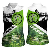 Green and Black Largemouth Bass Fishing Women Sleeveless Polo Shirt Custom Name Design and Angler Silhouette Illustration - Wonder Print Shop