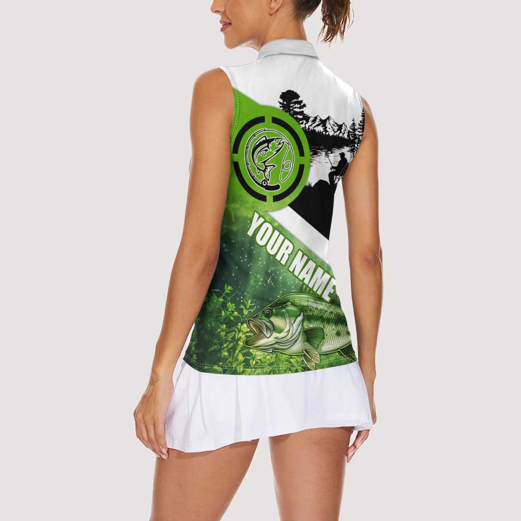Green and Black Largemouth Bass Fishing Women Sleeveless Polo Shirt Custom Name Design and Angler Silhouette Illustration - Wonder Print Shop