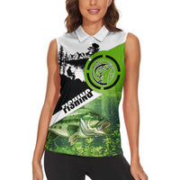 Green and Black Largemouth Bass Fishing Women Sleeveless Polo Shirt Custom Name Design and Angler Silhouette Illustration - Wonder Print Shop