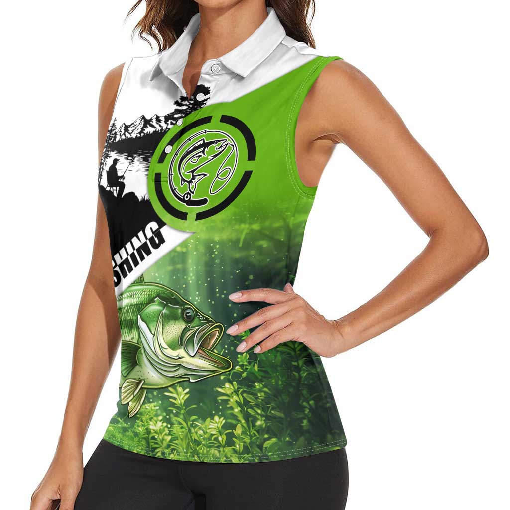 Green and Black Largemouth Bass Fishing Women Sleeveless Polo Shirt Custom Name Design and Angler Silhouette Illustration - Wonder Print Shop