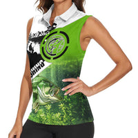 Green and Black Largemouth Bass Fishing Women Sleeveless Polo Shirt Custom Name Design and Angler Silhouette Illustration - Wonder Print Shop