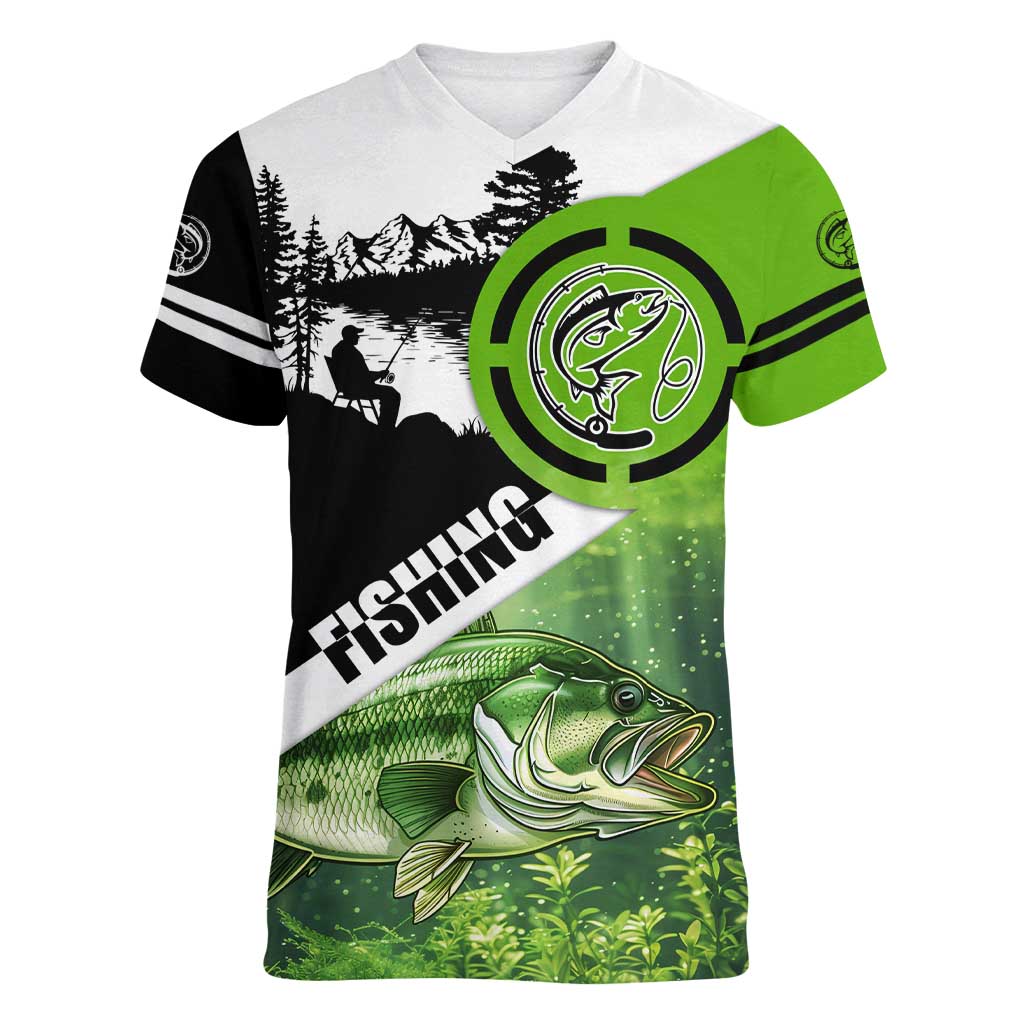 Green and Black Largemouth Bass Fishing Women V-Neck T-Shirt Custom Name Design and Angler Silhouette Illustration - Wonder Print Shop