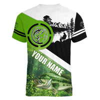 Green and Black Largemouth Bass Fishing Women V-Neck T-Shirt Custom Name Design and Angler Silhouette Illustration - Wonder Print Shop