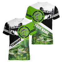 Green and Black Largemouth Bass Fishing Women V-Neck T-Shirt Custom Name Design and Angler Silhouette Illustration - Wonder Print Shop