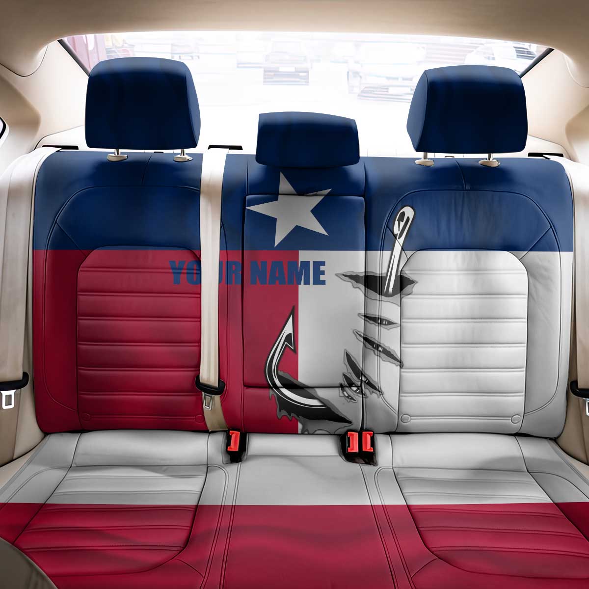 Texas Flag Fishing Back Car Seat Cover Hook and Fish Illustration and Custom Name Detail - Wonder Print Shop