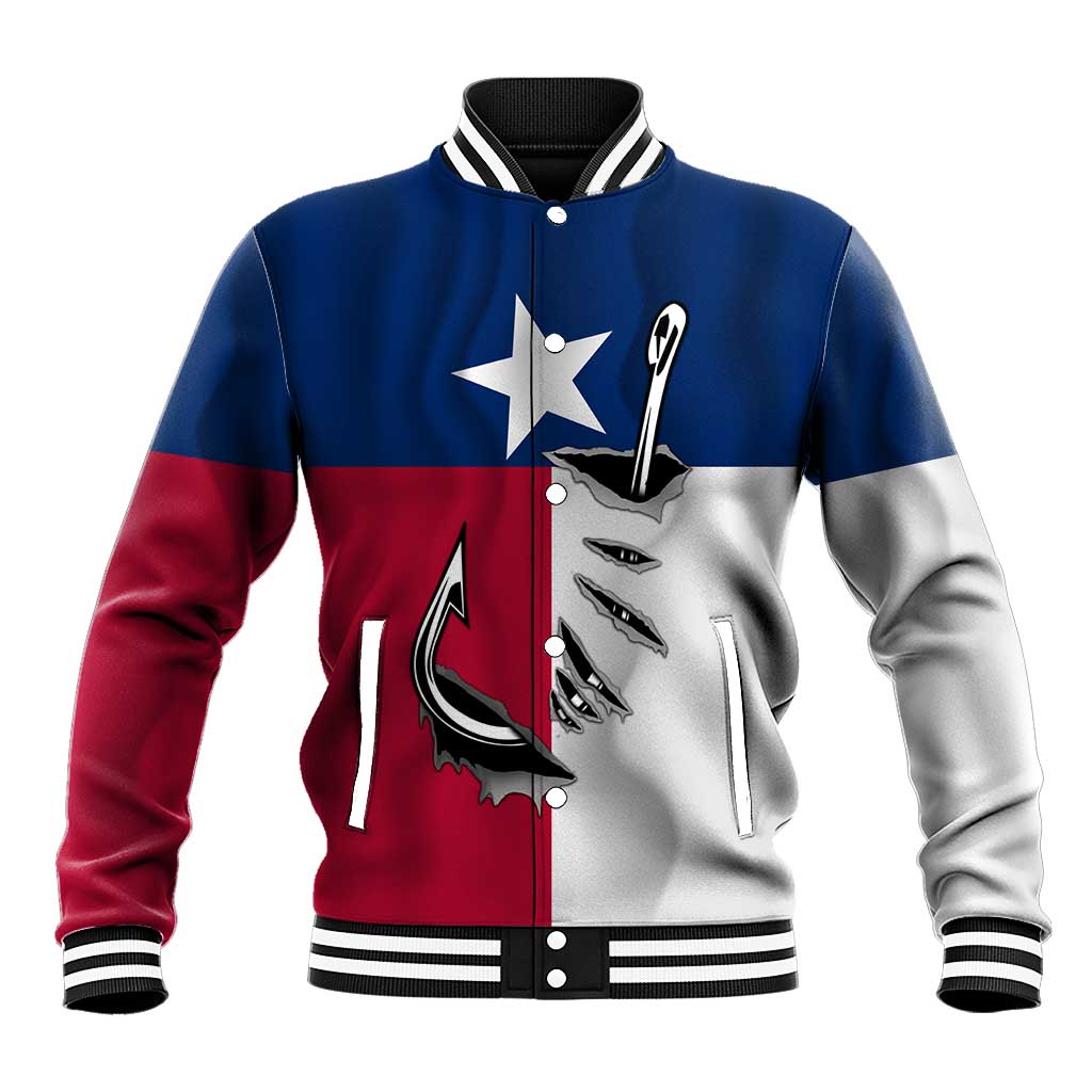Texas Flag Fishing Baseball Jacket Hook and Fish Illustration and Custom Name Detail - Wonder Print Shop
