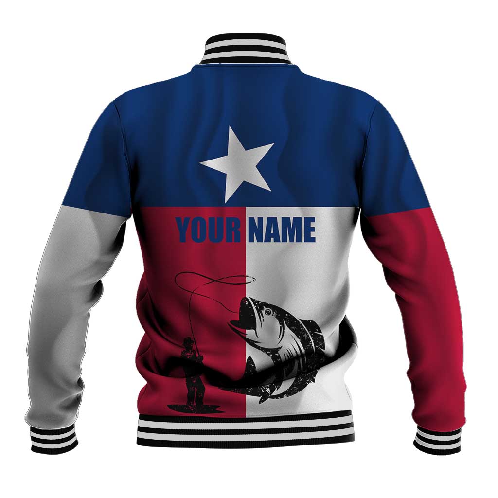 Texas Flag Fishing Baseball Jacket Hook and Fish Illustration and Custom Name Detail - Wonder Print Shop