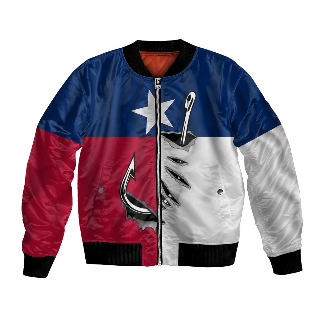 Texas Flag Fishing Bomber Jacket Hook and Fish Illustration and Custom Name Detail - Wonder Print Shop