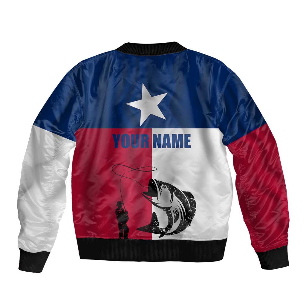 Texas Flag Fishing Bomber Jacket Hook and Fish Illustration and Custom Name Detail - Wonder Print Shop