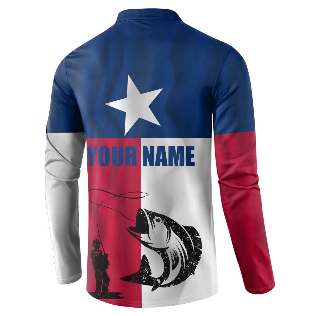 Texas Flag Fishing Button Sweatshirt Hook and Fish Illustration and Custom Name Detail - Wonder Print Shop