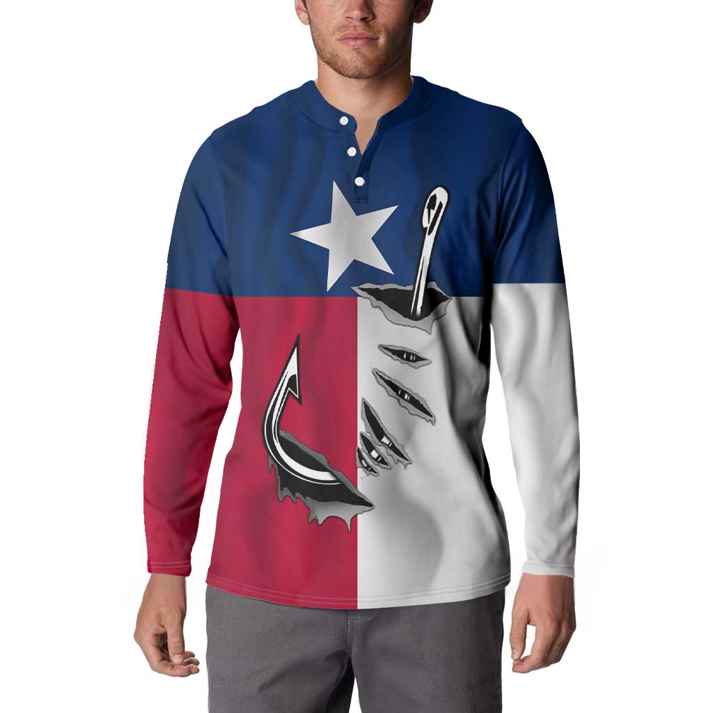 Texas Flag Fishing Button Sweatshirt Hook and Fish Illustration and Custom Name Detail - Wonder Print Shop