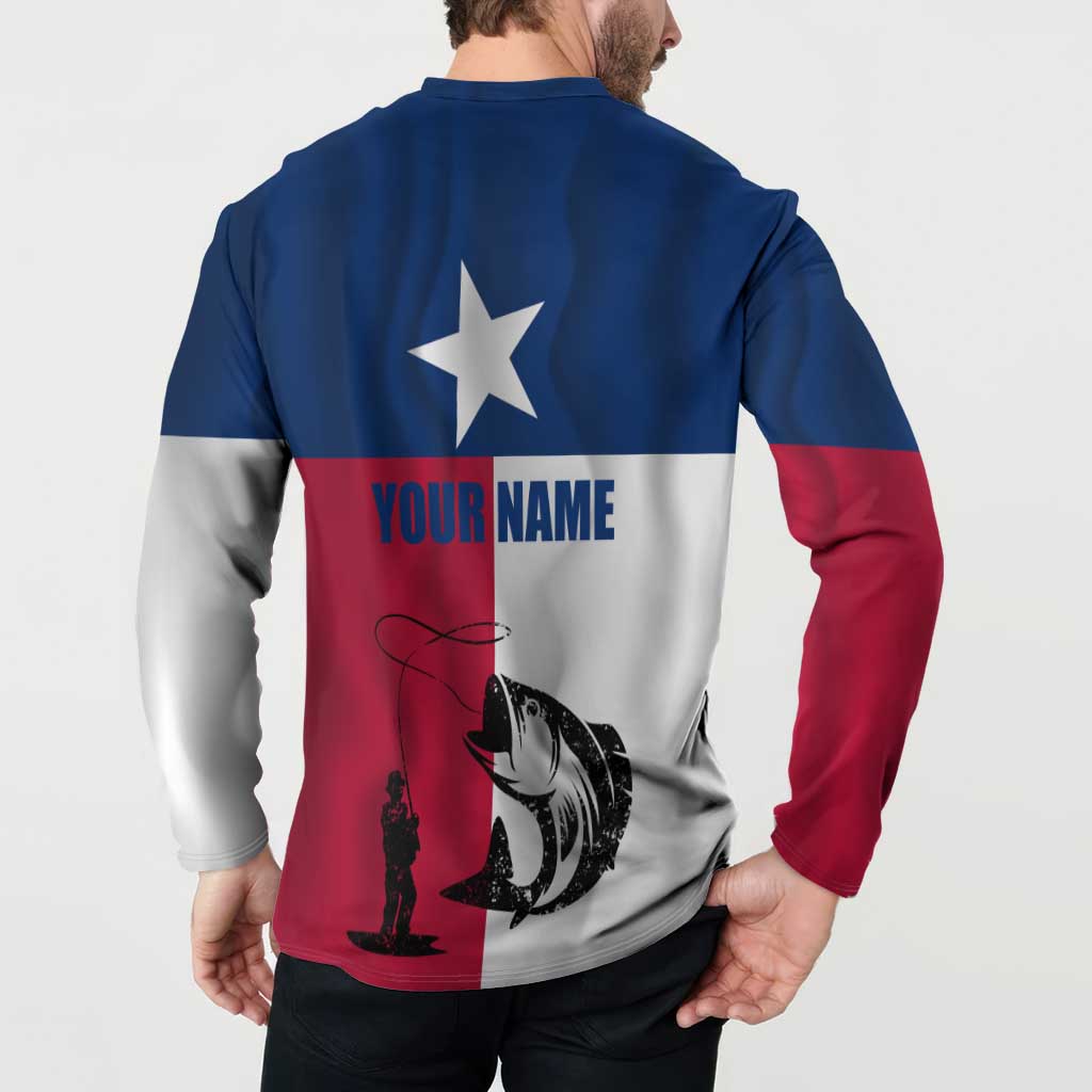 Texas Flag Fishing Button Sweatshirt Hook and Fish Illustration and Custom Name Detail - Wonder Print Shop