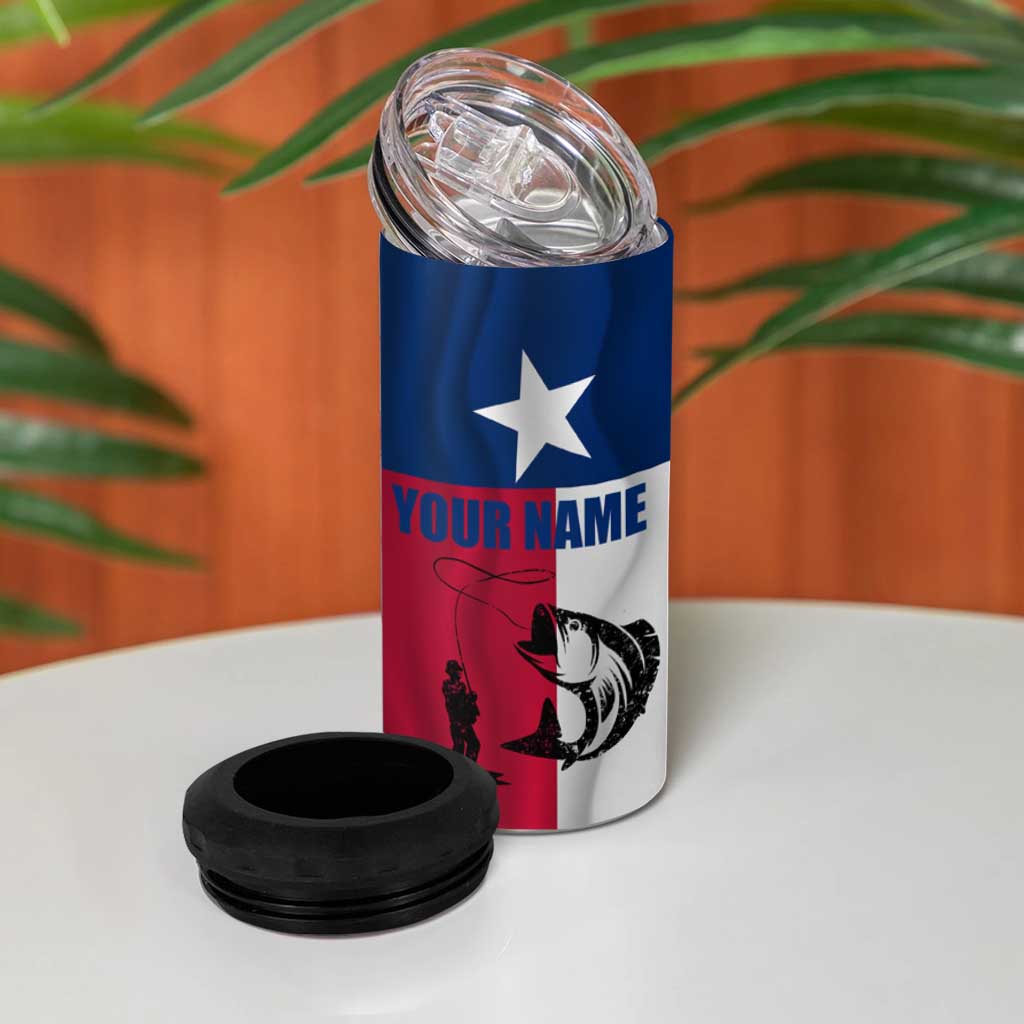 Texas Flag Fishing 4 in 1 Can Cooler Tumbler Hook and Fish Illustration and Custom Name Detail - Wonder Print Shop