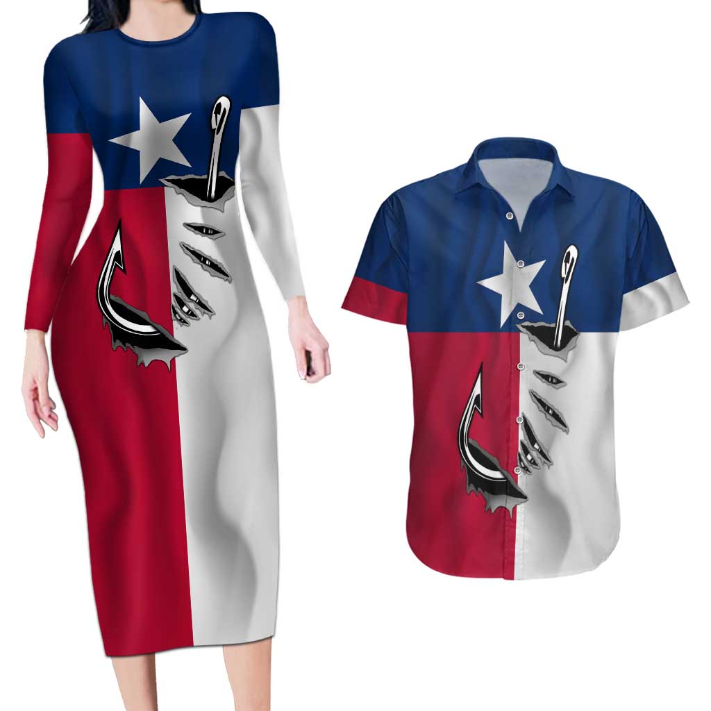 Texas Flag Fishing Couples Matching Long Sleeve Bodycon Dress and Hawaiian Shirt Hook and Fish Illustration and Custom Name Detail - Wonder Print Shop