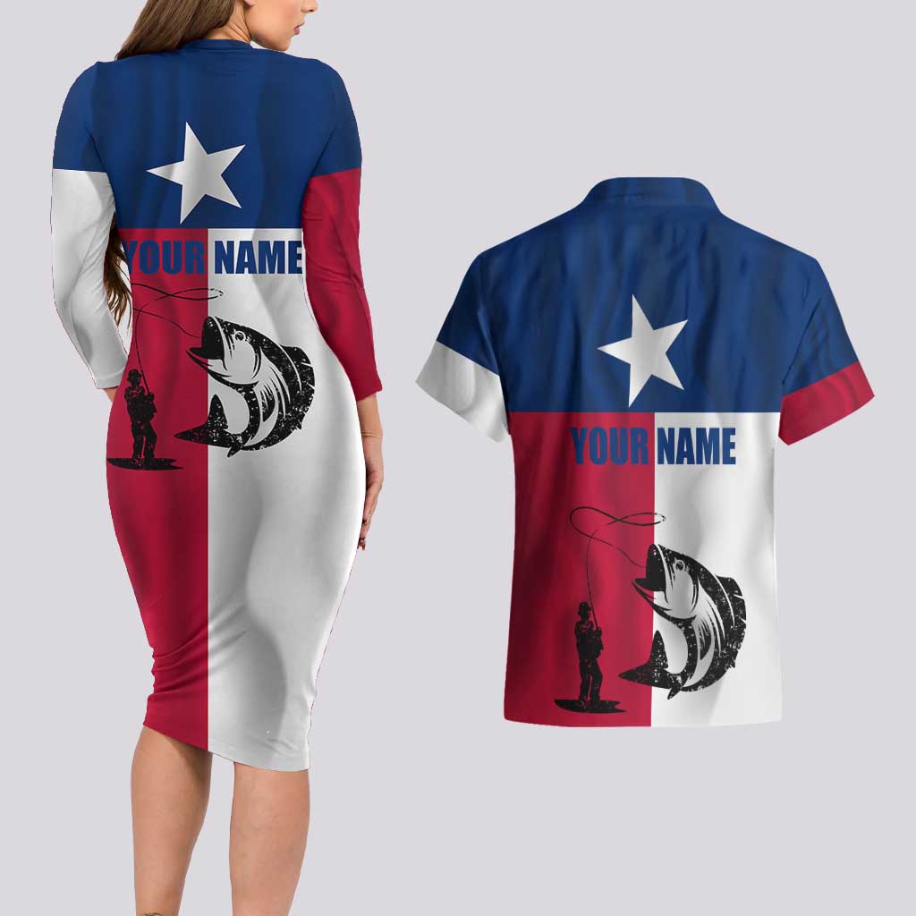 Texas Flag Fishing Couples Matching Long Sleeve Bodycon Dress and Hawaiian Shirt Hook and Fish Illustration and Custom Name Detail - Wonder Print Shop