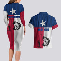 Texas Flag Fishing Couples Matching Long Sleeve Bodycon Dress and Hawaiian Shirt Hook and Fish Illustration and Custom Name Detail - Wonder Print Shop