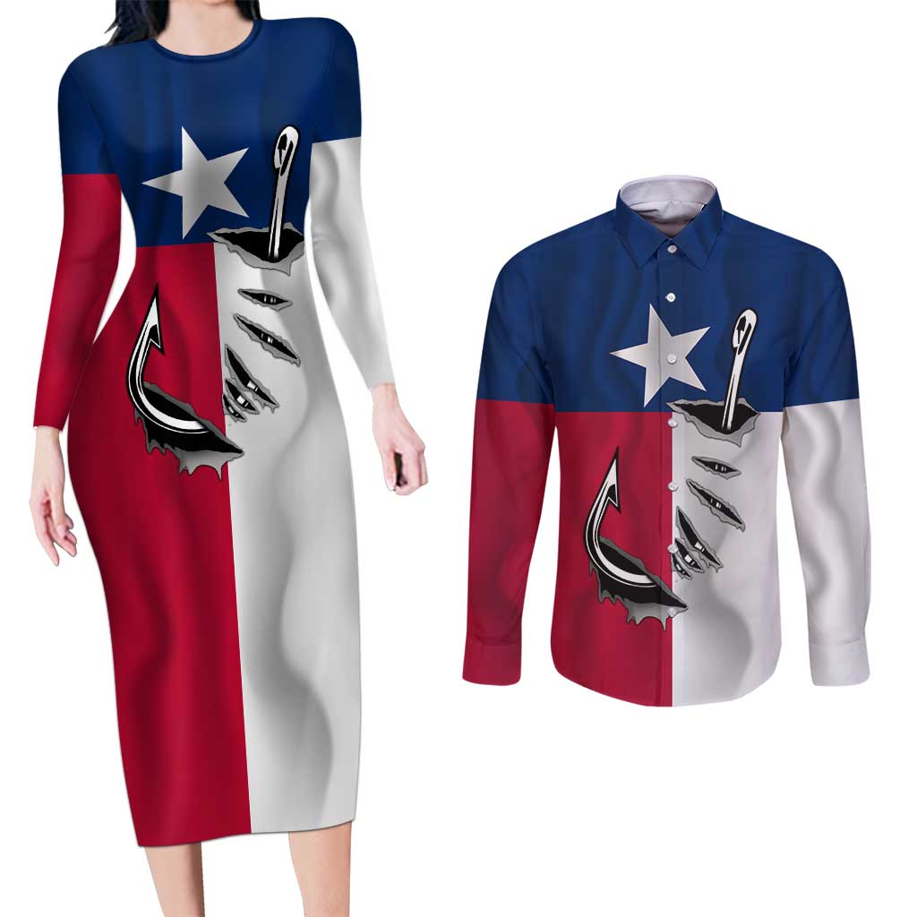 Texas Flag Fishing Couples Matching Long Sleeve Bodycon Dress and Long Sleeve Button Shirt Hook and Fish Illustration and Custom Name Detail - Wonder Print Shop