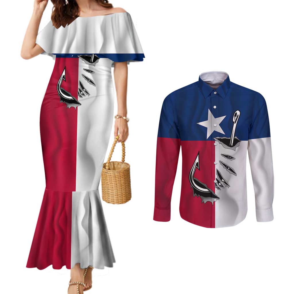 Texas Flag Fishing Couples Matching Mermaid Dress and Long Sleeve Button Shirt Hook and Fish Illustration and Custom Name Detail - Wonder Print Shop