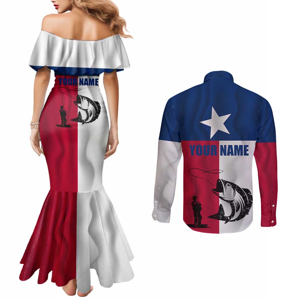 Texas Flag Fishing Couples Matching Mermaid Dress and Long Sleeve Button Shirt Hook and Fish Illustration and Custom Name Detail - Wonder Print Shop